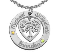 Personalized Round Family Tree Pendant with Three Birthstones   Names