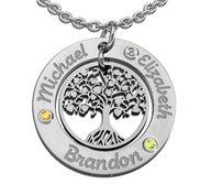 Personalized Round Family Tree Pendant with Three Birthstones   Names