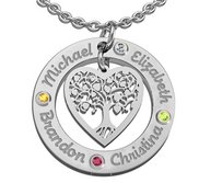 Personalized Round Family Tree Pendant with 4 Birthstones   Names