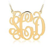 14K Yellow Gold Outlined Vine Script 3 Letter Monogram Cut Out Pendant w  Box Chain