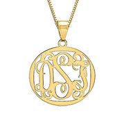 14K Yellow Gold Round Vine Script 3 Letter Monogram Cut Out Pendant w  Box Chain