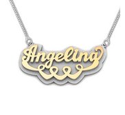 14K Yellow   White Gold Script Style Heart  Double  Name Necklace with Box Chain