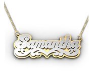 14K Yellow   White Gold Script Style Heart  Double  Name Necklace with Box Chain