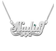 14K White Gold  Script  Style Horizontal Name Necklace w  Birthstone   Box Chain