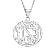 Sterling Silver Round Vine Script 3 Letter Monogram Cut Out Pendant with Box Chain