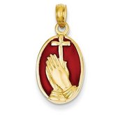 14K Yellow Gold Red Translucent Acrylic Praying Hands and Cross Pendant