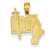 14K Yellow Gold Bible  Praying Hands  and Cross Pendant