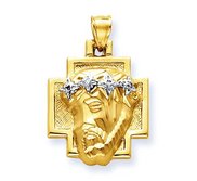 14K Two Tone Gold Christ Head and Cross with Polished Border