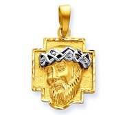 14K Two Tone Gold Christ Head and Cross with Diamond Cut Edge