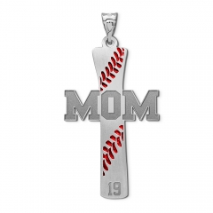 Baseball Stitch Enameled Mom Cross Pendant w  Number