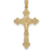 14K Gold Polished Textured INRI Crucifix Fleur de Lis Pendant