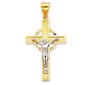 14K Two Tone Gold Diamond Cut Halo Cross Crucifix Pendant