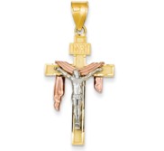 14K Tri color Diamond cut Small Draped INRI Crucifix Pendant