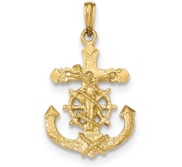 14K Polished   Textured 2 D Mariners Crucifix Rope Wheel Pendant