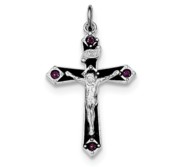 Sterling Silver Rhodium plated Black Epxy Purple CZ INRI Cross Pendant