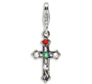 Sterling Silver Crystal Antiqued Cross w Lob  Clasp Charm