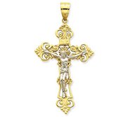 14K Two Tone Gold Fleur De Lis Crucifix Pendant