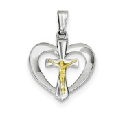 Sterling Silver Rhodium plated Polished Heart with Vermeil Crucifix Pendant