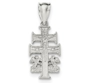 Sterling Silver Polished Caravaca Double Cross w Angels Crucifix Pendant