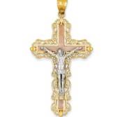 14K Tri color Diamond cut Crucifix Pendant