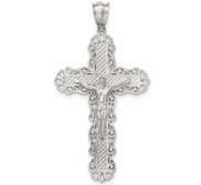 Sterling Silver Polished   Textured Large Floral Cross w Jesus Pendant