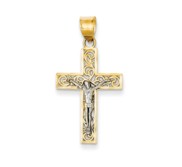 14K Two tone D C Small Block Filigree Cross w Crucifix Pendant