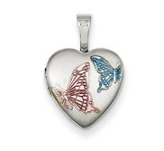 Sterling Silver Baby Satin   Color Enameled Butterfly Heart Locket