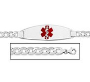 Sterling Silver Medical ID Figaro Chain w  Red Enamel Bracelet