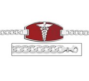 Sterling Silver Medical ID Bracelet w  Curb Chain W  Red Enamel