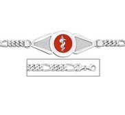 Sterling Silver Medical ID Figaro Chain w  Red Enamel Bracelet