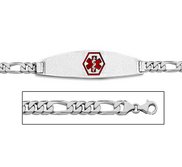 Sterling Silver Medical ID Red Enamel Bracelet w  Figaro Chain