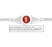 Sterling Silver Medical ID Bracelet w  Curb Chain W  Red Enamel