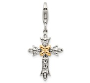 Sterling Silver w 14k 3 D Antiqued Cross w Lobster Clasp Charm