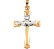 14K TWO TONE GOLD CLADDAGH CROSS PENDANT