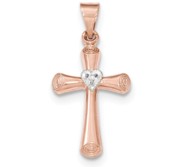 14K Two tone Diamond Brushed   Polished Hollow Latin Heart Cross Pendant