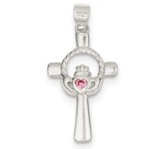 Sterling Silver Pink CZ Claddagh Cross Pendant