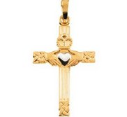 14K TWO TONE GOLD CLADDAGH CROSS PENDANT