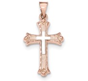 14K Two tone Textured  Brushed   Polished Budded Cross Pendant