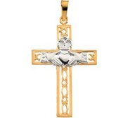 14K TWO TONE GOLD CLADDAGH CROSS PENDANT