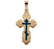 14K YELLOW GOLD ORTHODOX CROSS PENDANT W BLUE INLAY