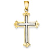 14K Two tone White Cross in Budded Yellow Cross Frame Pendant