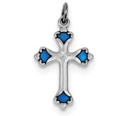 Sterling Silver Rhodium plated Blue Enameled Budded Cross Charm