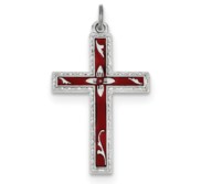 Sterling Silver Rhodium plated Red Enameled Cross Pendant