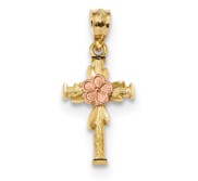 14k Yellow   Rose Polished D C Cross w Flower Pendant