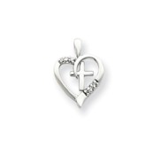 14k White Gold AA Diamond Heart   Cross Pendant