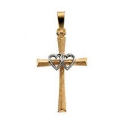 14K TWO TONE GOLD CROSS PENDANT W DOUBLE HEARTS