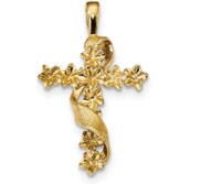 14k Polished and Textured Flower Cross w Ribbon Pendant