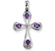 Sterling Silver Rhodium Amethyst   Diamond Cross Pendant