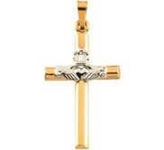 14K TWO TONE GOLD CLADDAGH CROSS PENDANT