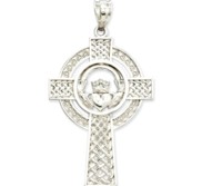 14k White Gold Celtic Claddagh Cross Pendant